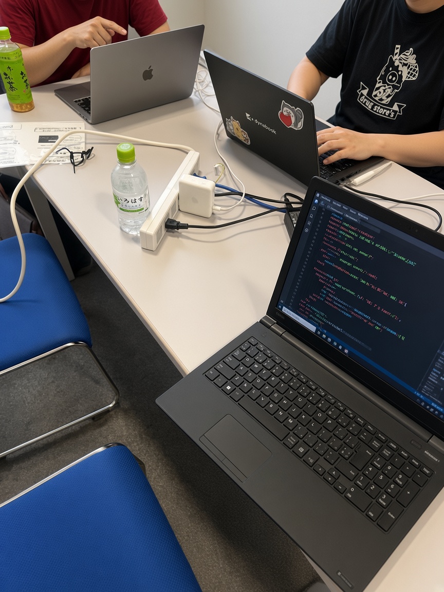 参加者がノートパソコンでコードを書きながら制作している様子